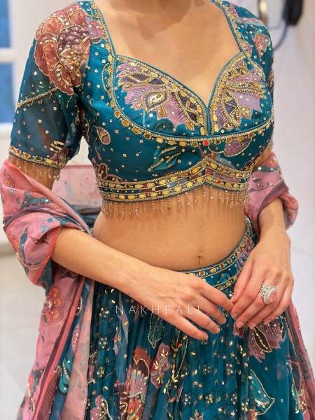 Cerulean Teal Blue Georgette Floral Printed Lehenga Set with Cutdana, Sequin & Bead Work