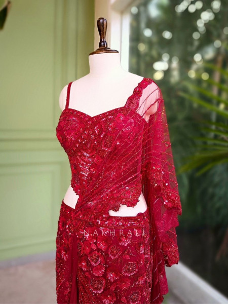 Aarvah Red Pre-Draped Saree with Sequin, Cut Dana & Bead Work