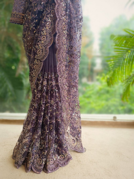 Amethyst Net Saree with Zari and Sequin Embroidery