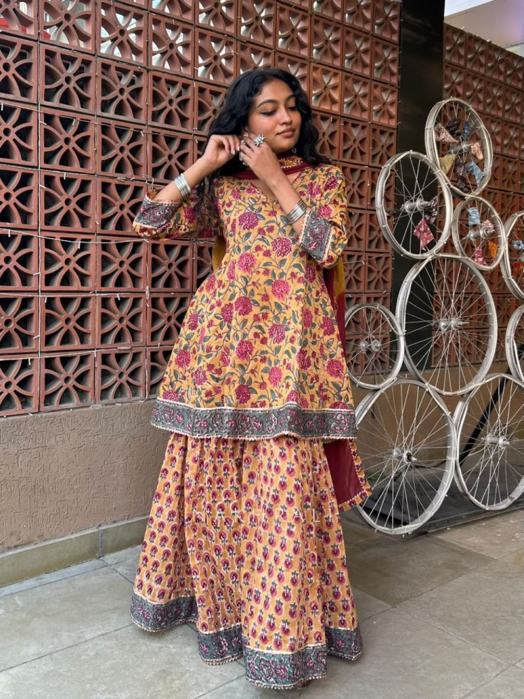 Image of Gul-Mishri Yellow Premium Cotton Sharara Suit