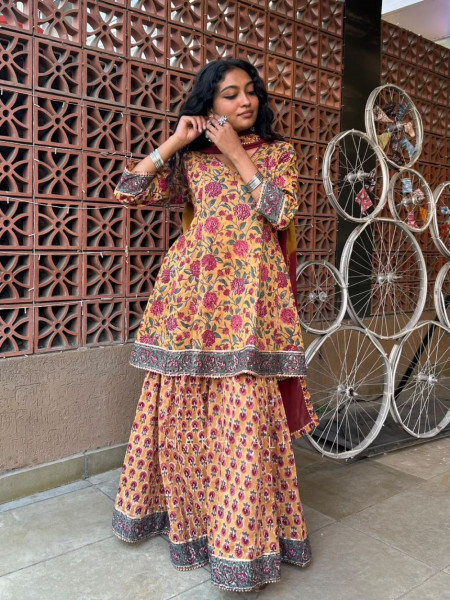 Gul-Mishri Yellow Premium Cotton Sharara Suit