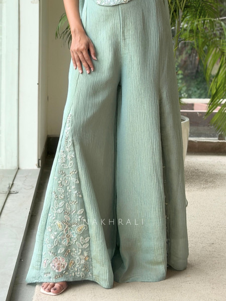 Serenelle Sea Green Crushed Georgette Indo-Western Palazzo Set
