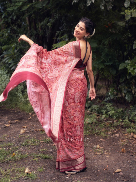 Rudra Red Silk Saree with Brocade Border and Stone Work