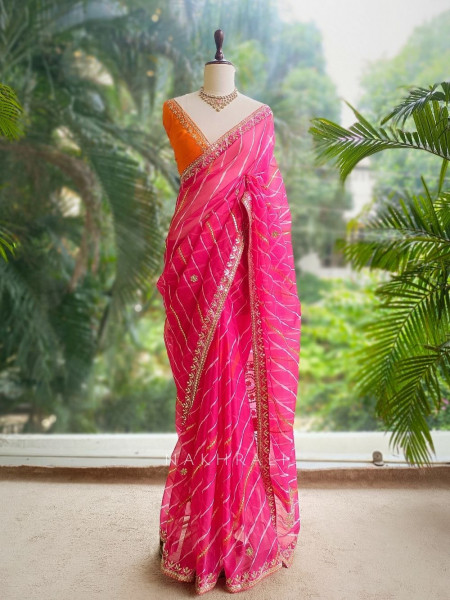 Waves of Grace Pink Leheriya Saree with Gota Patti Work
