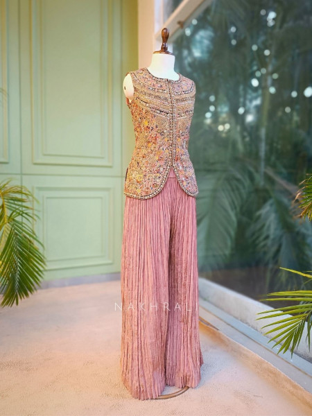 Roselle Pink Indo-Western Palazzo Set with Embroidered Jacket Top