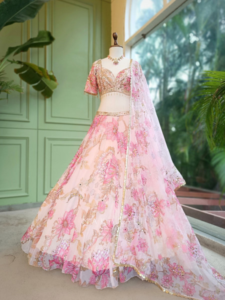 Petalique Pastel Pink Organza Silk Lehenga Set