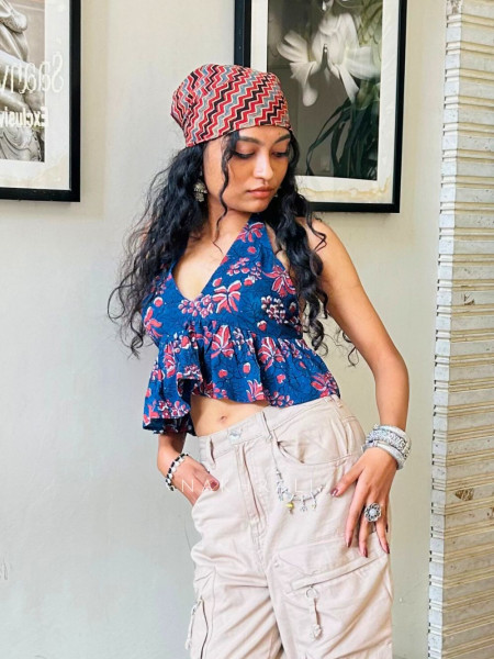 Roselle Frill Blue Printed Crop Top