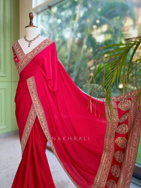 Gilded Borderways Red Chinnon Silk Saree with Running Blouse