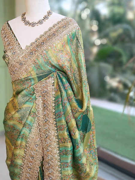 Resham Kyari Green Crepe Silk Printed Saree