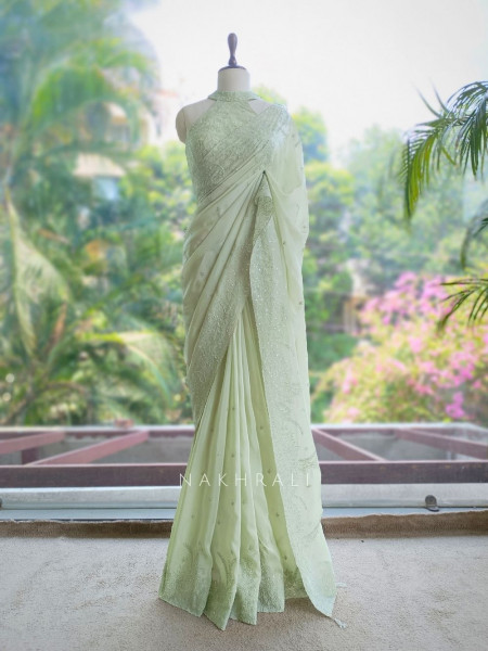 Oshni Light Green Saree with Readymade Halter Blouse
