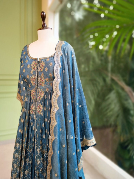 Aabroo Teal Blue Suit Set with Zari And Sequin Work