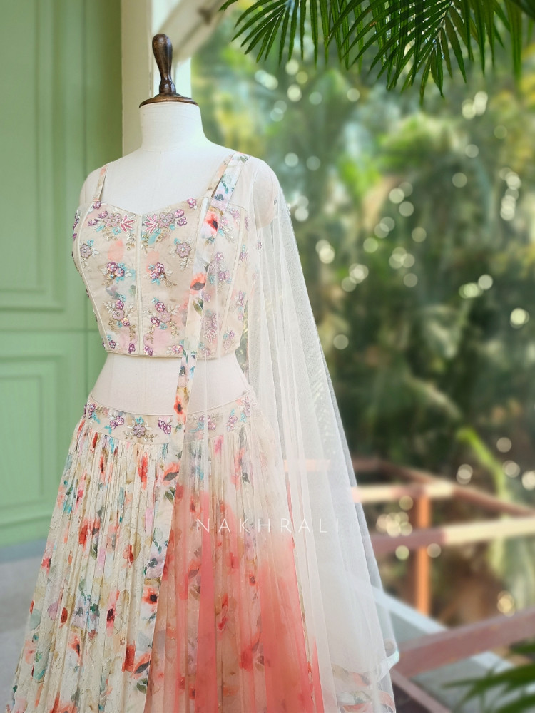 Image of Aarvi Cream Floral Printed Lehenga with Sequin Corset Blouse