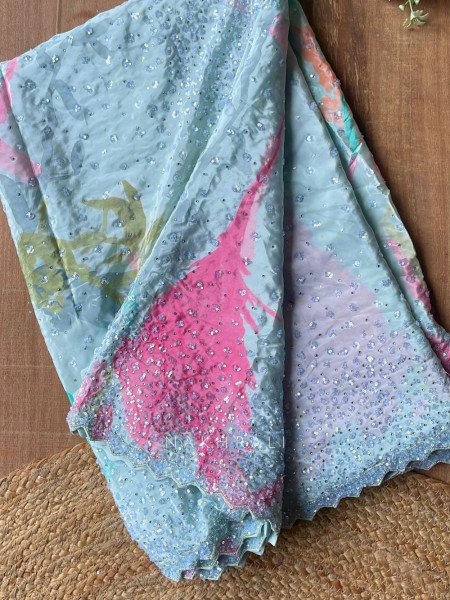 Pastel Prism Sky Blue Saree With Abstract Sequin Scallop Work