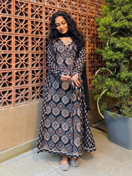 Black Cotton Ajrakh Print Angrakha Anarkali Suit Set