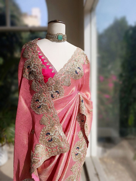 Sunheri  Pink Saree with Zari Sequin Border