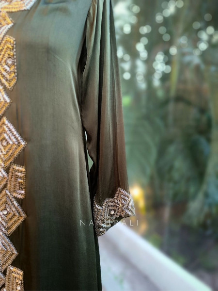 Olive Aura Indo-Western Set with Cut Dana & Beads Work