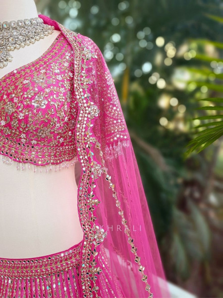 Aarvi Pink Raw Silk Lehenga with Beads, Sequins and Mirror Work