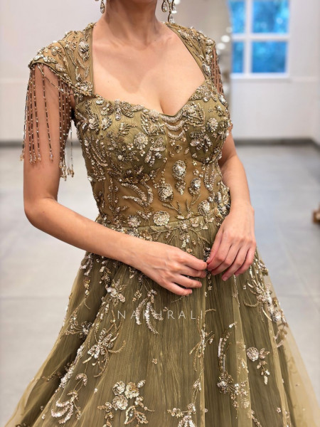 Chandelier Crystal Green Shoulder Drops Gown
