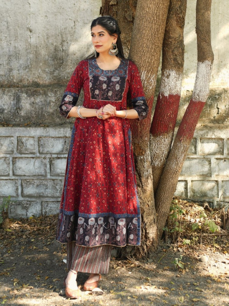 Noori Red Cotton Flared Kurta Pant Set