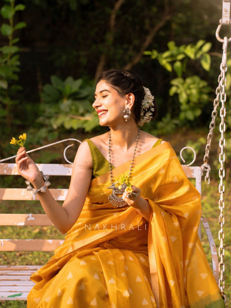 Mayur Mehendi Green Chanderi Saree with Floral Ikat Print