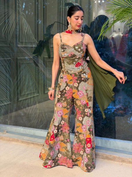 Tivra Olive Palazzo Set with Corset Top and Zari Sequin Work