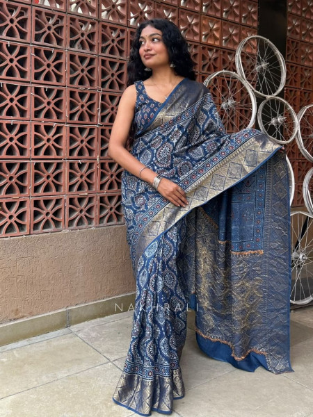 Indivelle Blue Dola Silk Ajrakh Printed Saree