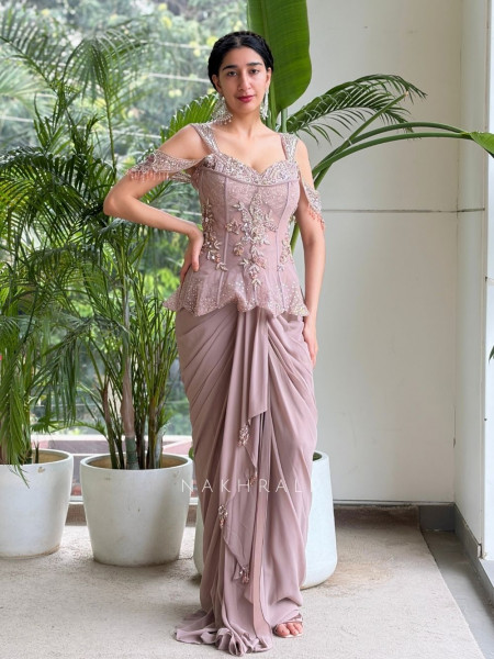Corvessa Beige Indo-Western Drape Gown with Bead Sequin Work