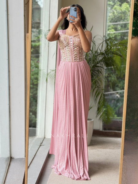 Sohvi Pink Drape Gown with Bead, Sequin, Cut Dana and Mirror Work