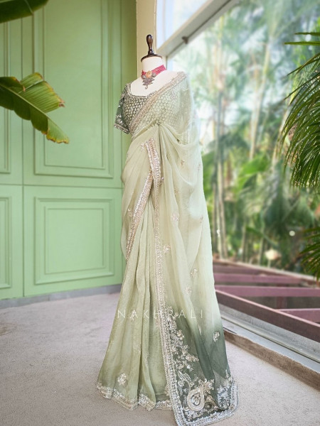 Oshini Pista Green Saree with Readymade Blouse