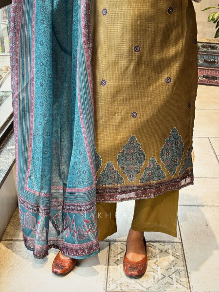 Surahi Mehendi Green Kota Doria Suit Set with Printed Yoke