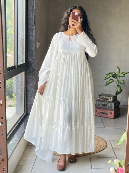 Mihira White Cotton Anarkali Suit Set with Printed Dupatta