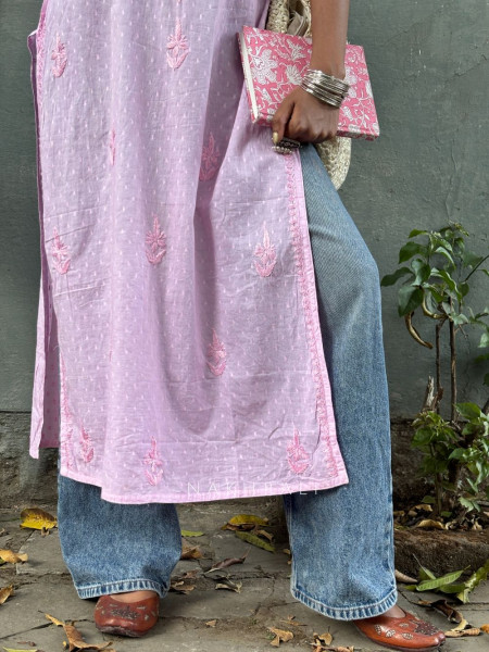 Sunbreeze Pink Cotton Chikankari Sleeveless Kurti with Embroidery