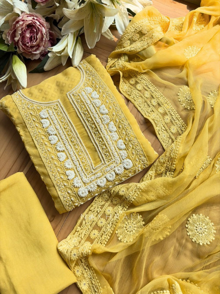 Avarna Yellow Pearl Beads Embroidered Dress Material
