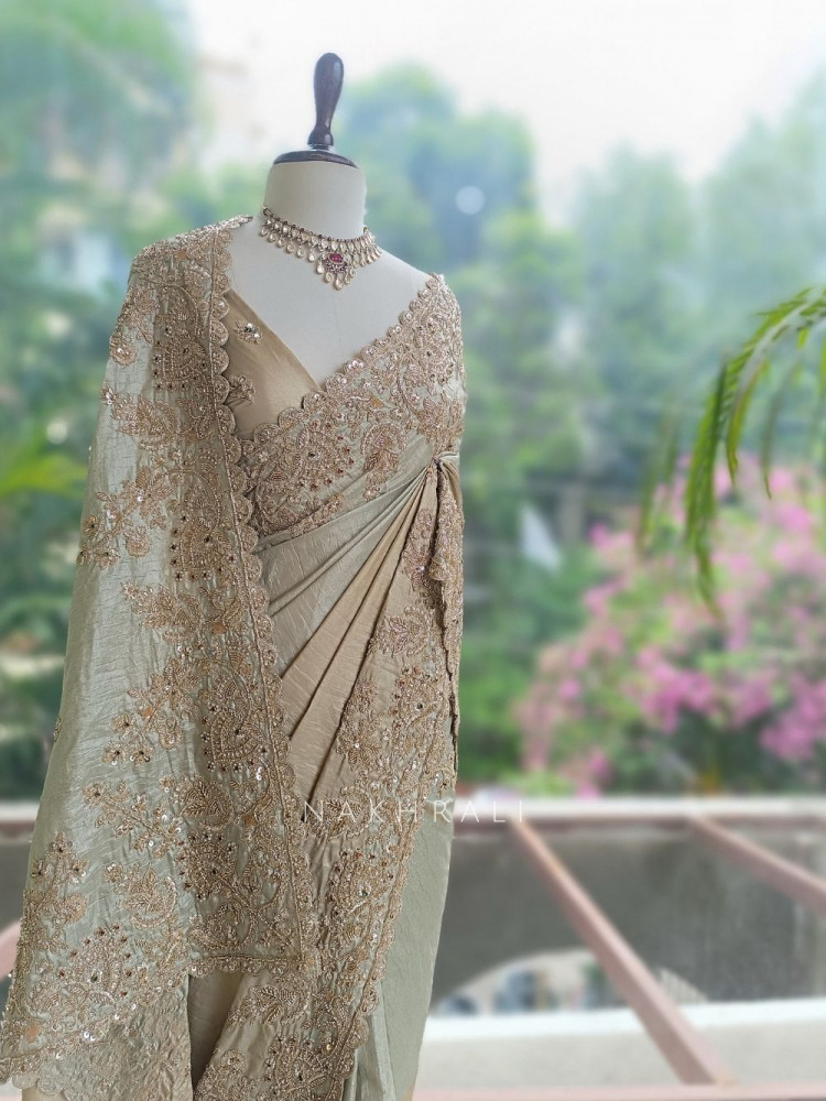 Image of Jalsa Beige Saree With Detailed Embroidery And Running Blouse Piece