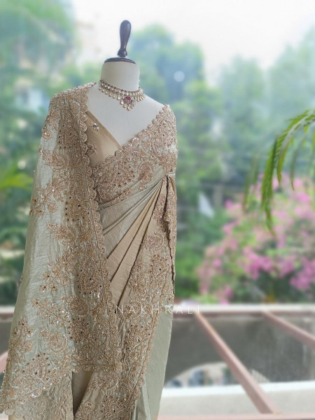 Jalsa Beige Saree With Detailed Embroidery And Running Blouse Piece