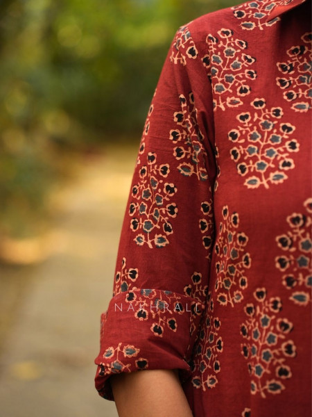 Rihana Red Cotton Block Printed Button-Down Dress