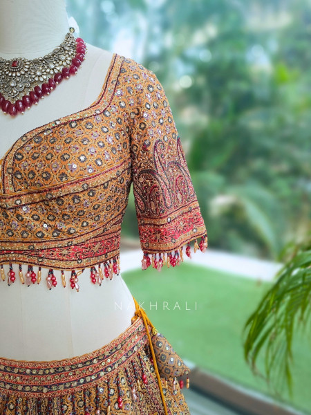 Burnt Orange Silk Lehenga Set With Marodi, Gota Patti & Mirror Work