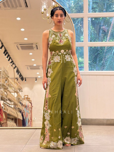 Kultru Knot Green Indo Western Jumpsuit with Thread Embroidery