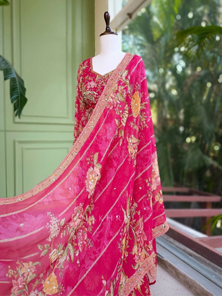 Sumreen Georgette Kurta Palazzo Set With Floral Print with Sequin & Mirror Work