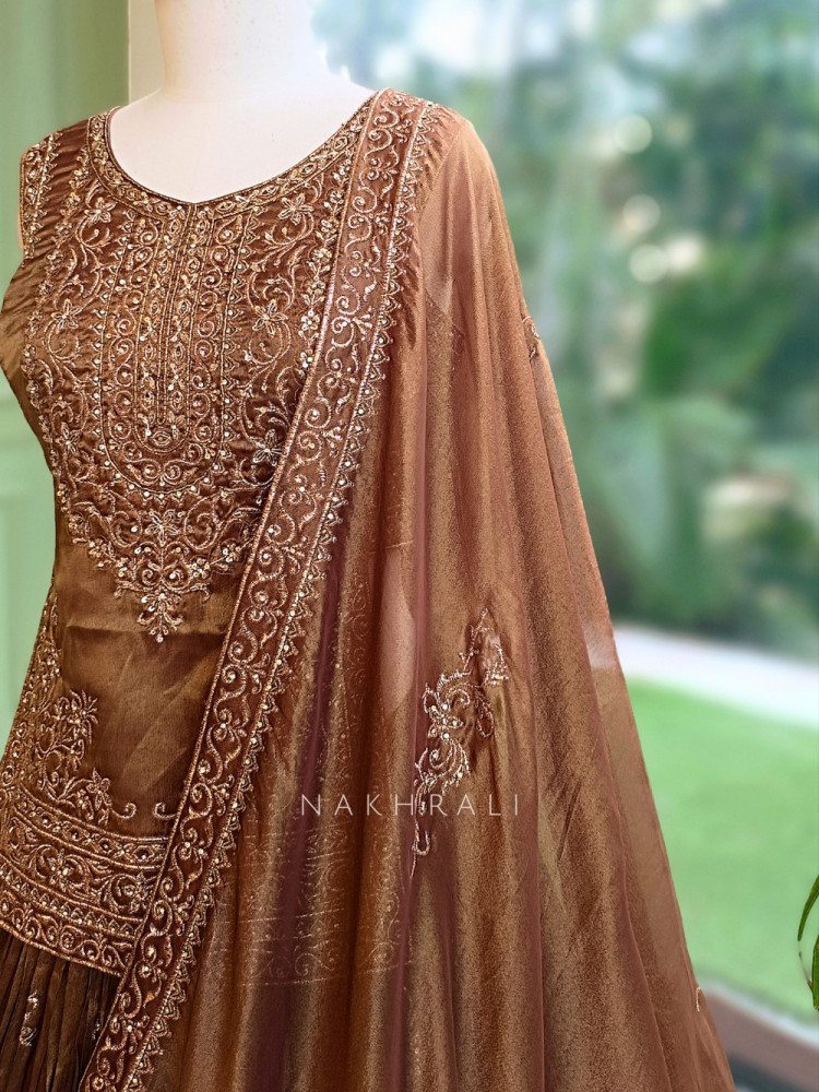 Image of Sultana Shimmer Brown Tissue Silk &amp; Organza Peplum Lehenga Set