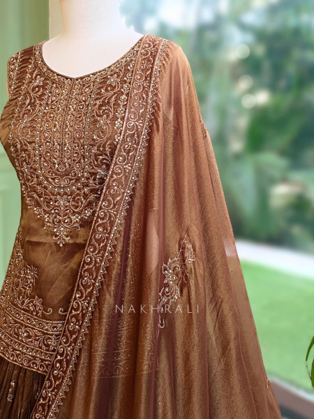 Sultana Shimmer Brown Tissue Silk & Organza Peplum Lehenga Set