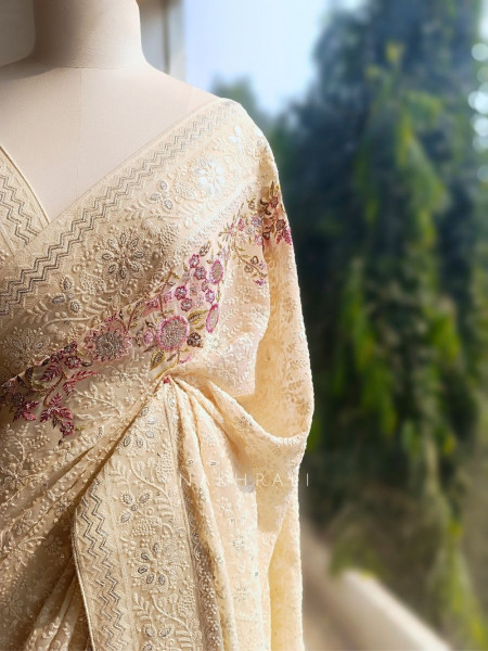 Ecru Grace Cream Embroidered Elegance Saree with Sequin Detailing