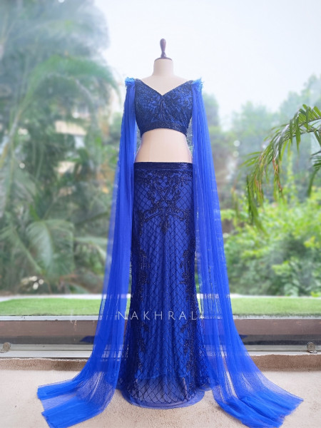 Nova Blue Crop Top & Skirt Set with Cut Dana Work