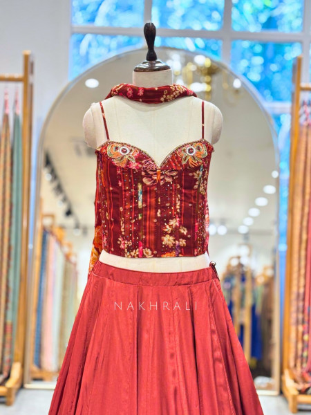 Camille Maroon Corset Lehenga Set with Cut Dana and Sequin Work