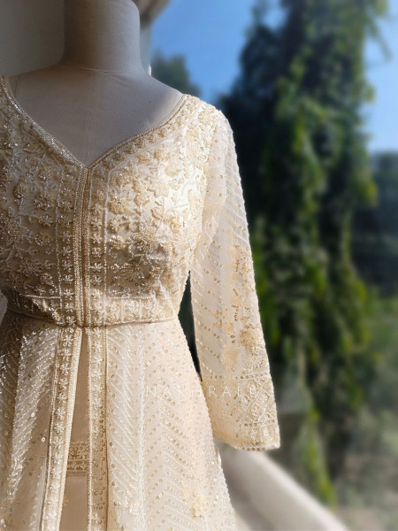 Elvya Cream Embroidered Achkan Lehenga Set