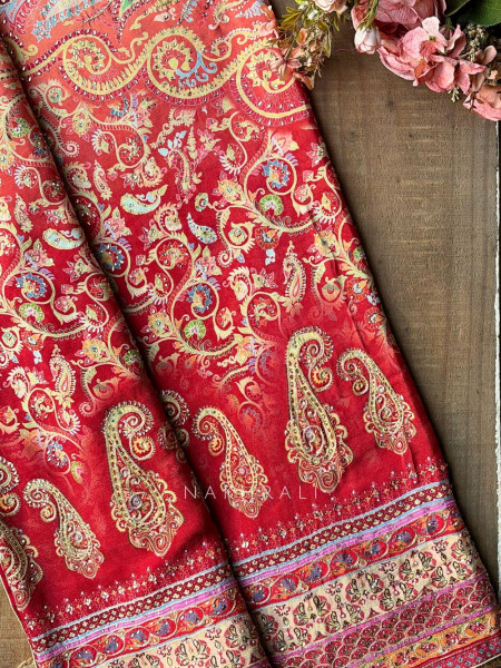 Paisley Printed Red Saree with Stone Embellished Readymade Blouse