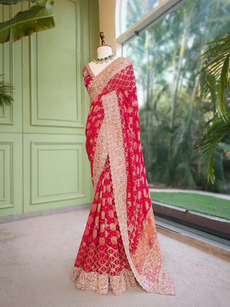Gazal Red Red Georgette Silk Saree with Bandhani Print