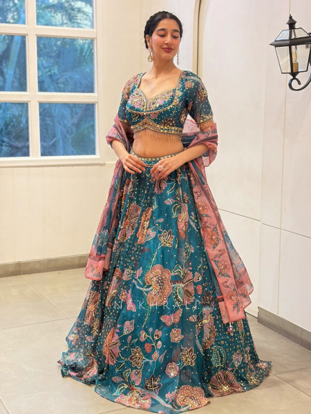 Cerulean Teal Blue Georgette Floral Printed Lehenga Set with Cutdana, Sequin & Bead Work