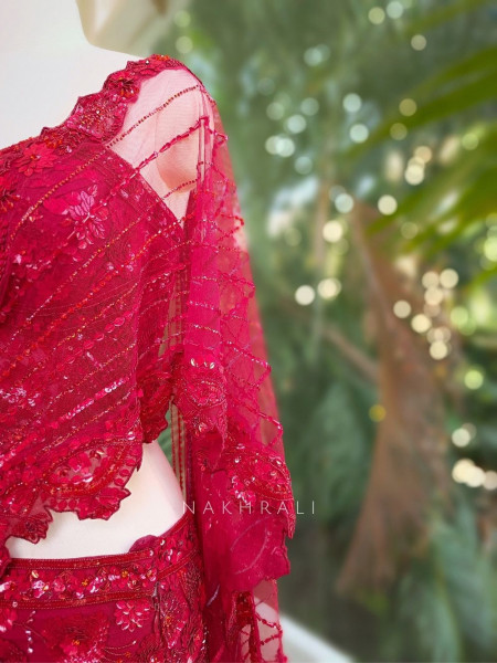 Aarvah Red Pre-Draped Saree with Sequin, Cut Dana & Bead Work