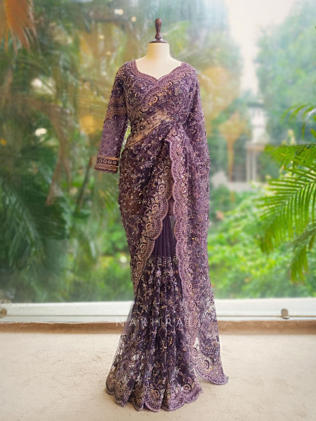 Amethyst Net Saree with Zari and Sequin Embroidery